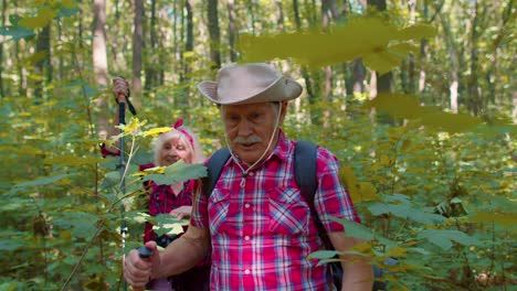 Happy-senior-man-and-woman-talking,-training-Nordic-walking-with-trekking-poles,-backpacks-in-wood
