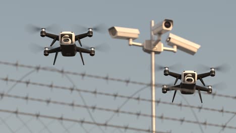 Security-drones-on-the-private-area-behind-fence-with-barbed-wire.-Modern-surveillance-technology-used-for-security-in-military,-prison-area.-Aerial-unmanned-defense-system.