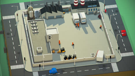 Low-Poly-3D-Animation-Des-Stadtlebens.-Stadtluftaufnahme-Des-Stadtblocks-Mit-Wolkenkratzern,-Büros,-Geschäften-Und-Autos,-Die-Auf-Den-Straßen-Fahren.-Menschen-Laufen-Auf-Den-Zebrastreifen.