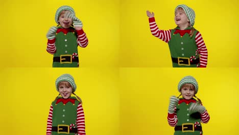 Girl-in-Christmas-elf-Santa-helper-costume-waving-greeting-with-hand.-Hello,-hi,-greetings-gesture