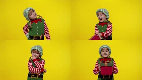 Kleines-Mädchen-Im-Weihnachtselfenkostüm-Als-Weihnachtsmannhelfer-Erhält-Geschenkbox.-Frohe-Feiertage-Im-Neuen-Jahr