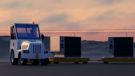 Many-rows-of-large-cargo-containers-on-a-trailers-standing-on-an-airport-surface-with-painted-yellow-lines.-Endless-shot-of-blue-loaded-or-empty-containers.-Freight,-transportation,-shipping-concept.