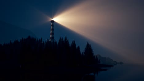 Bright,-warm-beam-of-light-from-lighthouse-rotating-over-the-foggy-coast.-Tall-landmark-building-illuminates-the-island,-forest,-and-calm-sea-waters.-Safe-travel-during-the-night.-Loopable-animation.
