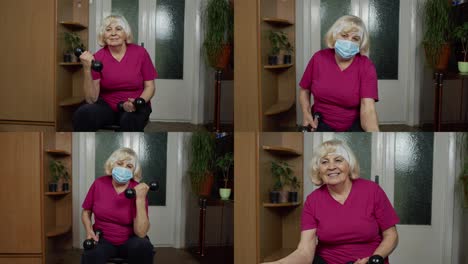 Ältere-ältere-Kaukasische-Frau,-Die-Während-Des-Coronavirus-Gewichtheben-Hanteln-Zu-Hause-Macht