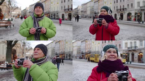 Multi-screen-shot-of-senior-woman-man-tourists-taking-picture-with-retro-photo-camera-in-city-center