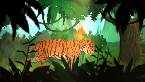 The-illustration-of-the-dense-tropical-rainforest-in-the-morning.-The-alone-tiger-is-walking-near-the-exotic-plants-and-fresh-grass.-An-old,-stone-statues-hidden-in-a-colorful-jungle-with-wild-trees.