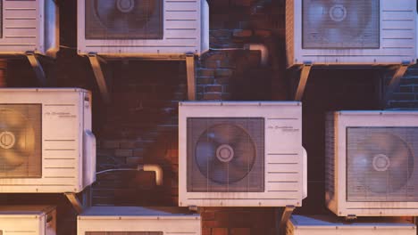 Multiple-old,-rusty-outdoor-air-conditioner-units-on-the-brick-wall.-Camera-moves-upwards-in-endless,-seamless-loop.-Many-units-providing-fresh,-cool-air-to-the-citizens.-City-overheat-as-a-result.