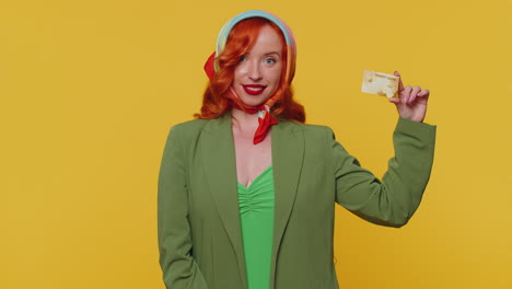 Redhead-girl-show-plastic-credit-bank-card-advertising-transferring-money-cashless-online-shopping