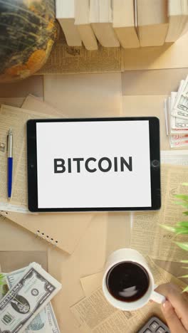 VERTICAL-VIDEO-OF-BITCOIN-DISPLAYING-ON-FINANCE-TABLET-SCREEN