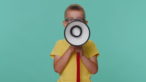 Toddler-children-boy-talking-with-megaphone,-proclaiming-news,-loudly-announcing-advertisement-sale