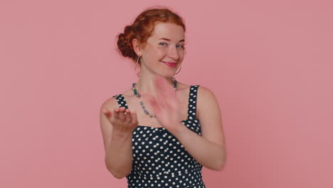 Redhead-ginger-stylish-woman-girl-showing-thumbs-up-and-nodding-in-approval,-successful-good-work