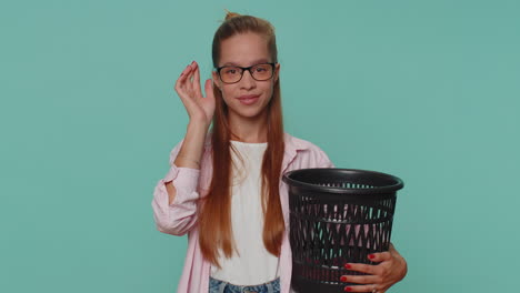 Teenager-young-girl-taking-off,-throwing-out-glasses-into-bin-after-vision-laser-treatment-therapy