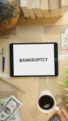 VERTICAL-VIDEO-OF-BANKRUPTCY-DISPLAYING-ON-FINANCE-TABLET-SCREEN