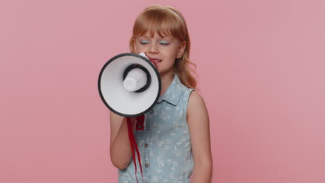 Preteen-child-girl-kid-talking-with-megaphone,-proclaiming-news,-loudly-announcing-advertisement