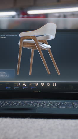 Laptop-Bildschirm-Mit-Angezeigtem-Professionellem-KI-Programm-Für-Futuristisches-Möbeldesign.-Digitales-3D-Modell-Eines-Stilvollen-Holzstuhls-Für-Ein-Tischlerprojekt.-Vertikale-Aufnahme