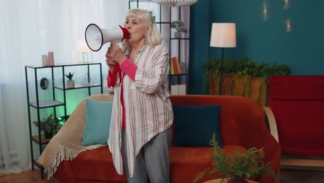 Senior-old-grandmother-scream-in-megaphone-loudspeaker-announces-discounts-real-estate-sale-Hurry-up