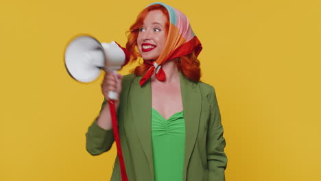 Smiling-ginger-girl-talking-with-megaphone,-proclaiming-news,-loudly-announcing-sale-advertisement