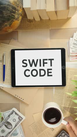 VERTICAL-VIDEO-OF-SWIFT-CODE-DISPLAYING-ON-FINANCE-TABLET-SCREEN