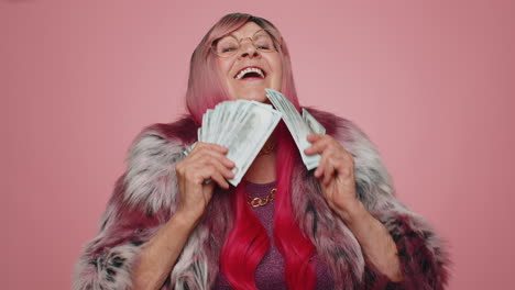 Happy-woman-holding-fan-of-money-cash-celebrate-dance,-success-business-career,-lottery-game-winner