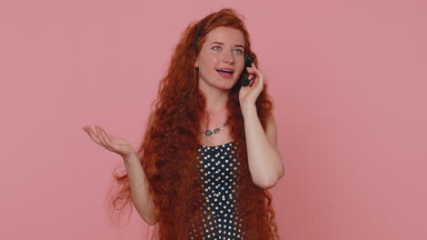 Smiling-redhead-woman-wears-headset,-freelance-worker-call-center,-support-service-operator-helpline