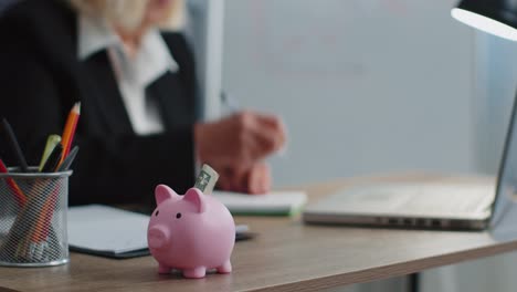 Sparschwein,-Leitende-Geschäftsfrau,-Buchhalterin-Tippt-Auf-Laptop-Computer-Und-Berechnet-Geldeinkommen