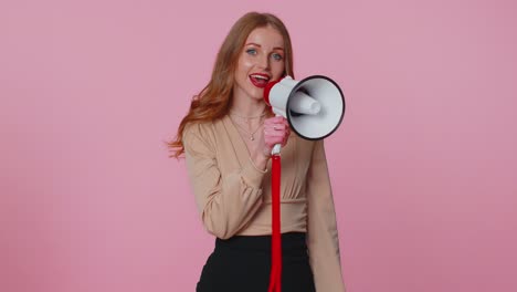 Businesswoman-girl-talking-with-megaphone,-proclaiming-news,-loudly-announcing-sale-advertisement