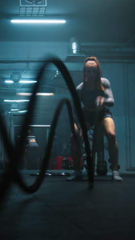 Female-athlete-exercises-with-battle-ropes-in-dark-boxing-gym-with-LED-lighting.-Female-boxer-does-cardio-or-endurance-workout-before-championship-fight.-Vertical-shot