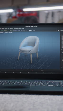 Laptop-screen-with-displayed-professional-ai-program-for-futuristic-furniture-design.-Digital-3D-model-of-stylish-wooden-chair-for-carpentry-project.-Vertical-shot