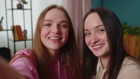 Girls-friends-siblings-bloggers-taking-selfie-video-call-online-on-smartphone-for-social-media