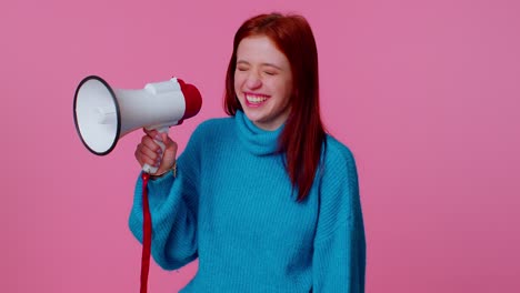 Smiling-redhead-girl-talking-with-megaphone,-proclaiming-news,-loudly-announcing-sale-advertisement