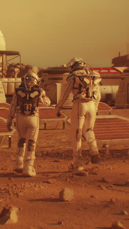 Two-astronauts-in-spacesuits-walk-toward-research-station,-colony-or-scientific-base-on-Mars.-Solar-cell-and-panels.-Space-mission-on-red-planet.-Vertical-shot