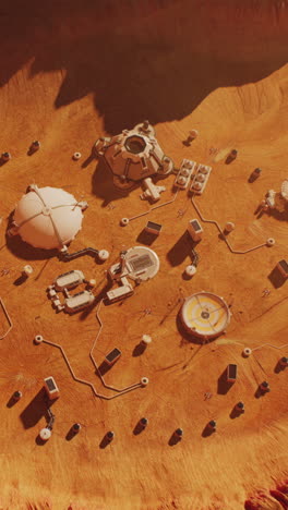 Top-view-of-Mars-surface-with-research-station,-colony-or-scientific-base.-Space-mission-on-red-planet.-Technological-advance-of-the-future.-Futuristic-human-colonization-and-exploration-concept.-Vertical-shot