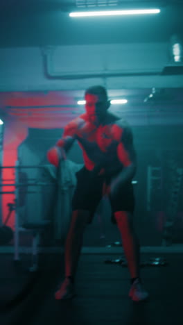 Male-athlete-exercises-with-battle-ropes-in-dark-boxing-gym-with-LED-lighting.-Professional-boxer-does-cardio-or-endurance-workout-before-championship-fight.-Vertical-shot