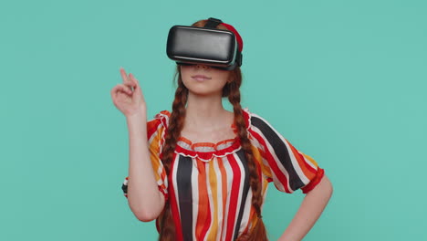 Redhead-girl-in-headset-helmet-app-to-play-simulation-realistic-game,-watching-virtual-reality-video