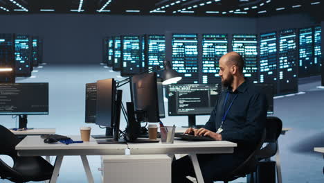 Experienced-person-typing-code-on-computer-monitors-in-data-center