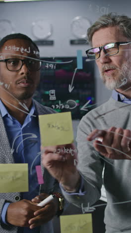 Mature-investment-banker-draws-on-glass-wall-with-sticky-notes-in-broker-agency-office.-Businessman-develops-and-analyzes-company-business-strategy.-Colleagues-work-on-computers-with-real-time-stocks.