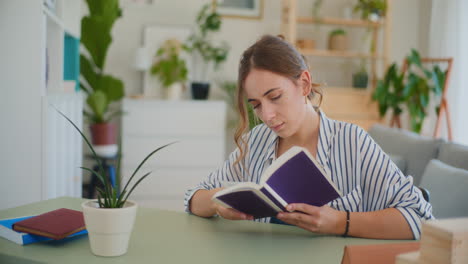 Smiling-Female-Student-Studying-at-Home-Desk