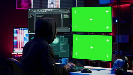 Hacker-developing-spyware-software-on-green-screen-computer-to-steal-data
