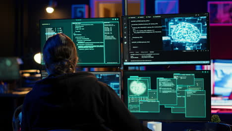 Hacker-Trinken-Kaffee,-Während-Sie-Spyware-Software-Mit-Künstlicher-Intelligenz-Ausführen