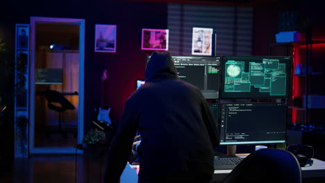 Hacker-arriving-in-hidden-underground-shelter,-prepared-to-launch-DDoS-attack