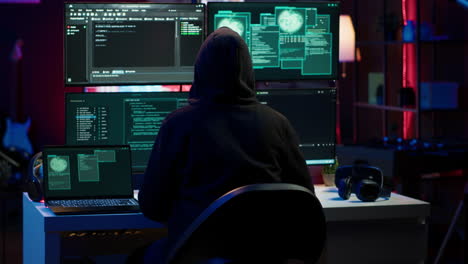 Hacker-arriving-in-secret-base-with-laptop,-ready-to-start-programming-viruses