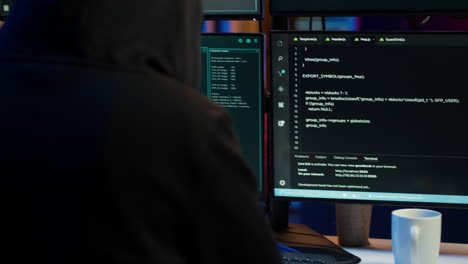 Close-up-of-hacker-running-code-in-apartment-on-PC-monitors