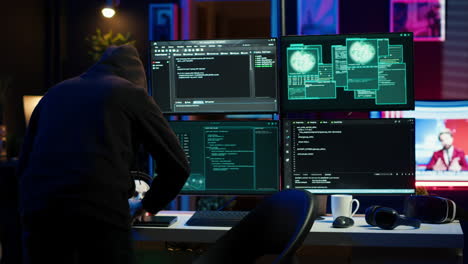 Hacker-arriving-in-hidden-underground-shelter,-prepared-to-launch-DDoS-attack
