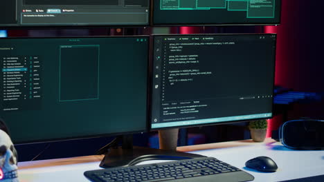 Close-up-shot-of-dangerous-hacking-code-running-on-computer-system-monitors