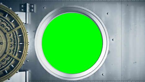 Bank-vault-door-opening-with-camera-following-inside.-Green-screen-in-the-opening.-Secure-space-for-money,-valuables,-documents.-Complex-lock-witch-golden-mechanisms-protecting-from-theft.-4k-HD