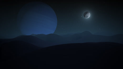 View-of-the-Neptune-planet-from-mountainous-surface-one-of-its-moons.-Slow-camera-movement-through-the-rocky-structure-of-the-natural-satellite.-Astronomy-concept.