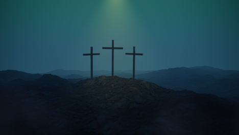 Atmospheric,-dramatic-dark-image-of-three-crosses-silhouetted-on-the-top-of-a-mountain.-Conceptual-image-of-the-biblical-Golgotha-mountain-in-Jerusalem,-where-Crucifixion-of-Christ-took-place.
