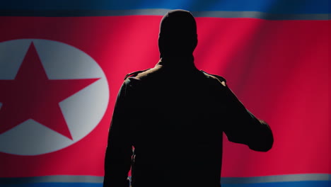 Soldier-doing-saluting-hand-gesture-towards-North-Korea-flag
