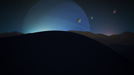 View-of-the-Neptune-planet-from-mountainous-surface-one-of-its-moons.-Slow-camera-movement-through-the-rocky-structure-of-the-natural-satellite.-Astronomy-concept.