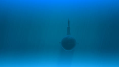 Low-poly-3d-animation.-Deep-blue-ocean.-The-yellow,-cartoon-design-submarine-is-on-its-adventure-expedition-swimming-underwater-and-immerging-from-the-water.-The-metal-warship-uses-a-periscope.